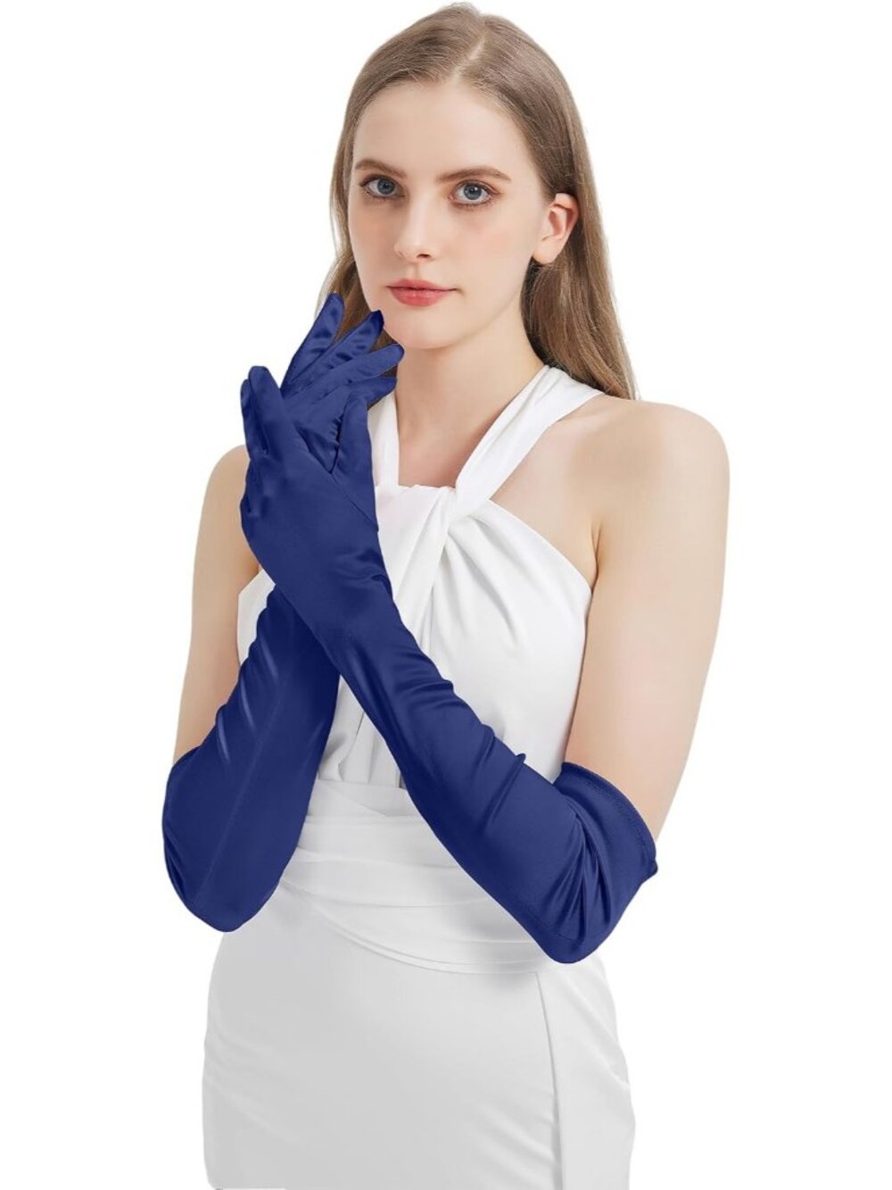 Women's Navy Blue Satin Opera Elbow Length 1920s Flapper Long Gloves Party - Picture 7 of 7